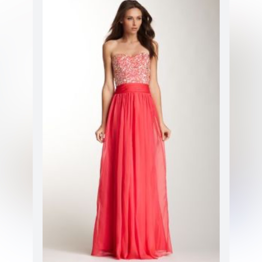 La Femme Fuchsia Hot Pink Chiffon Gown With Rhinestone Sweetheart Bodice Sz 6
